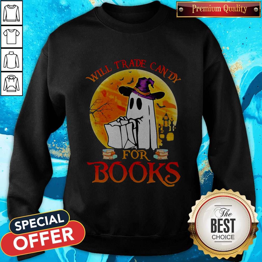 Cute Halloween Boos Will Trade Candy For Books Moon Shirt - Image 4