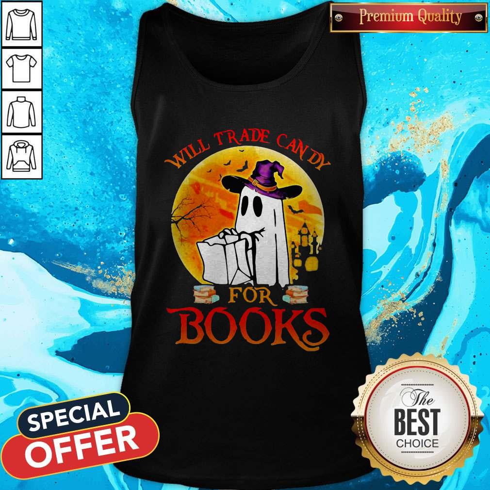 Cute Halloween Boos Will Trade Candy For Books Moon Shirt - Image 3