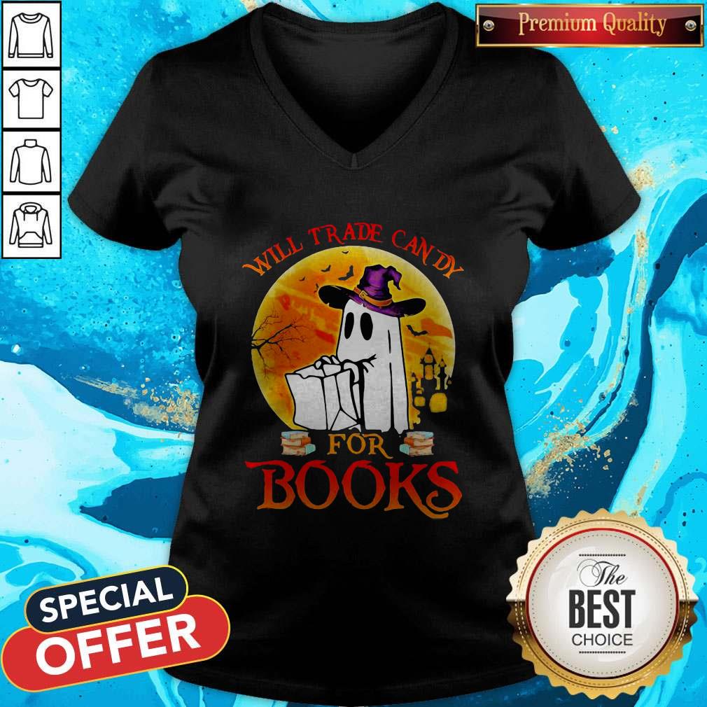 Cute Halloween Boos Will Trade Candy For Books Moon Shirt - Image 2