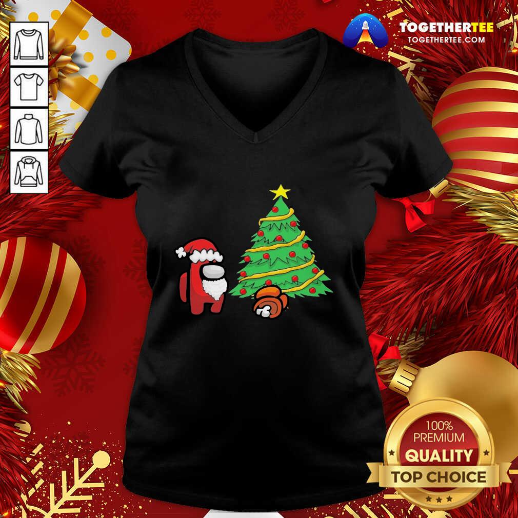 Cute Among Us Hat Santa And Tree Pine Merry Christmas Shirt - Image 2