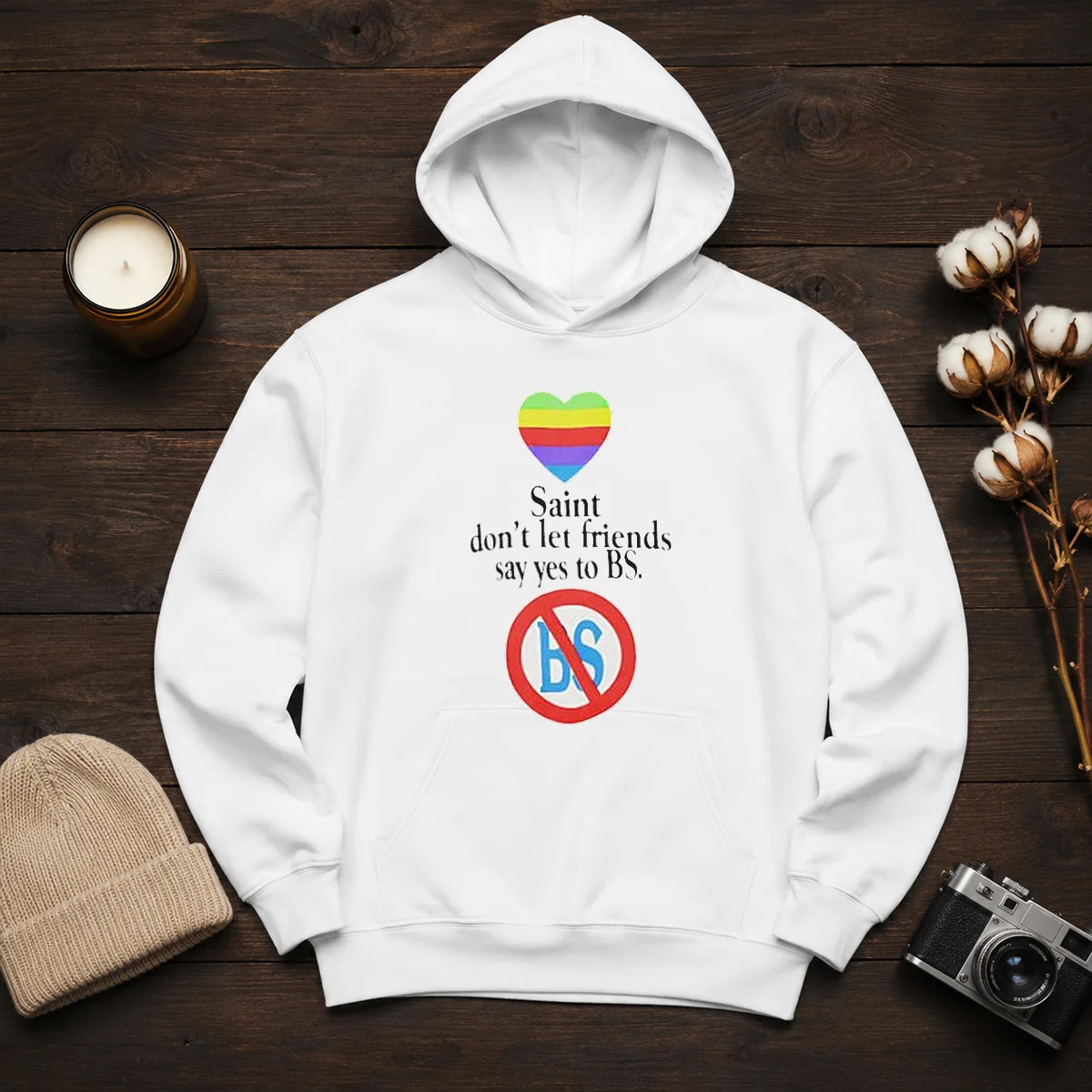 Official Saint Don'T Let Friends Say Yes To BS Rainbow Heart Logo Shirt - Image 6