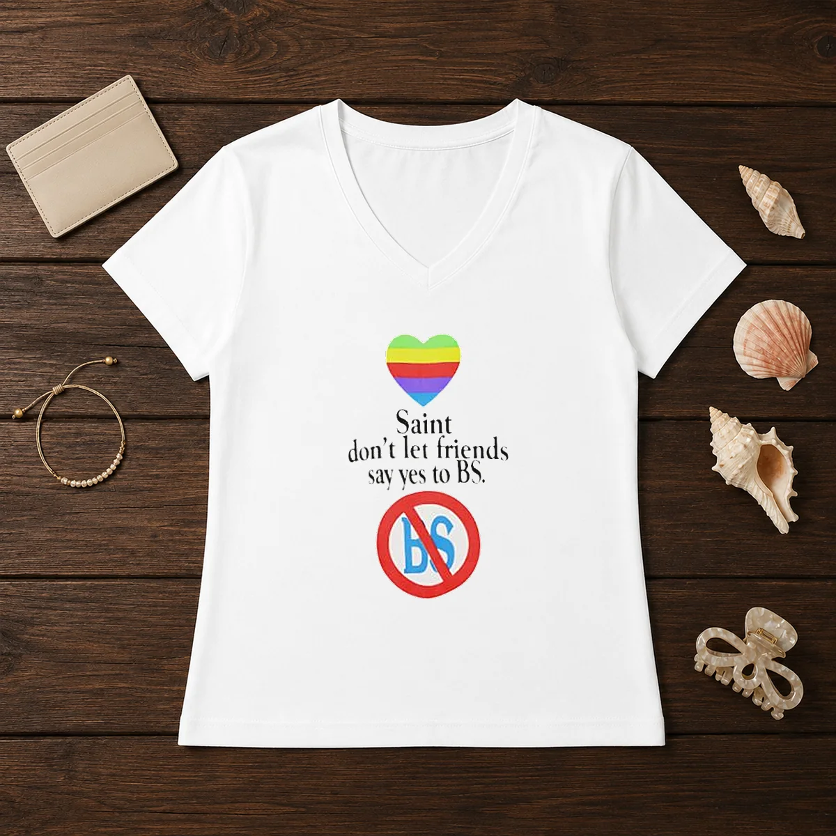 Official Saint Don'T Let Friends Say Yes To BS Rainbow Heart Logo Shirt - Image 2
