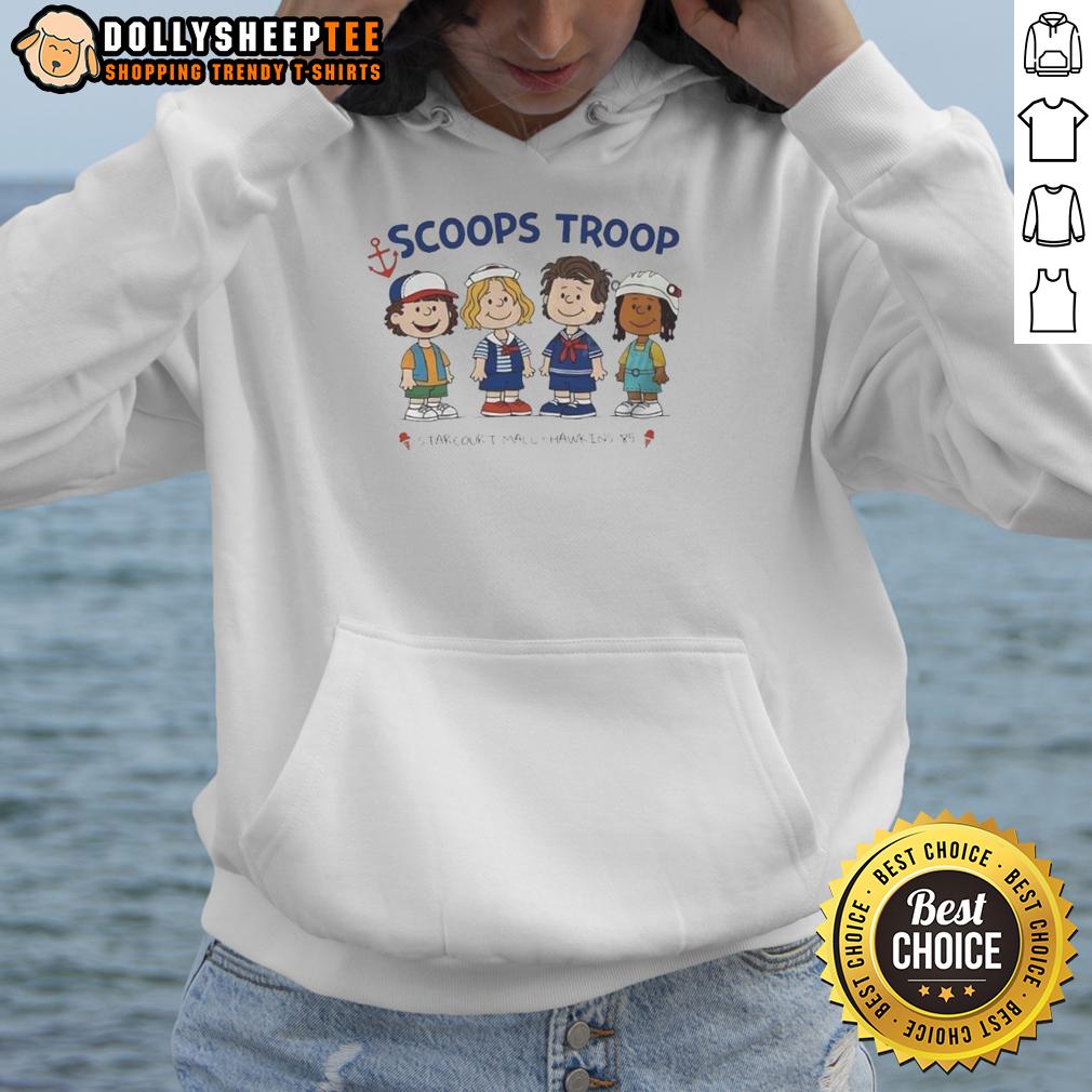 Good Scoops Troop Starcourt Mall Hawkins 85 Stranger Things X Peanut Cartoon T-Shirt - Image 2