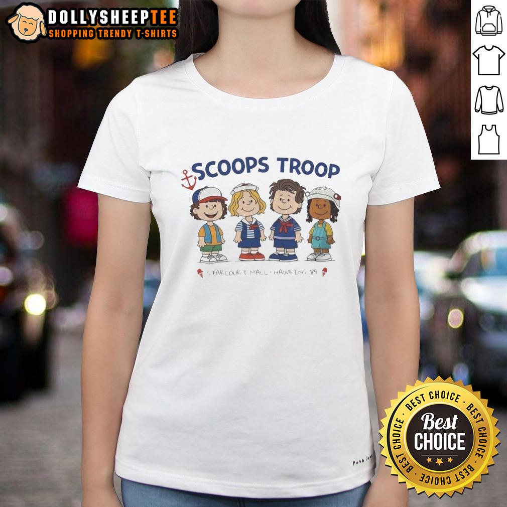 Good Scoops Troop Starcourt Mall Hawkins 85 Stranger Things X Peanut Cartoon T-Shirt - Image 3