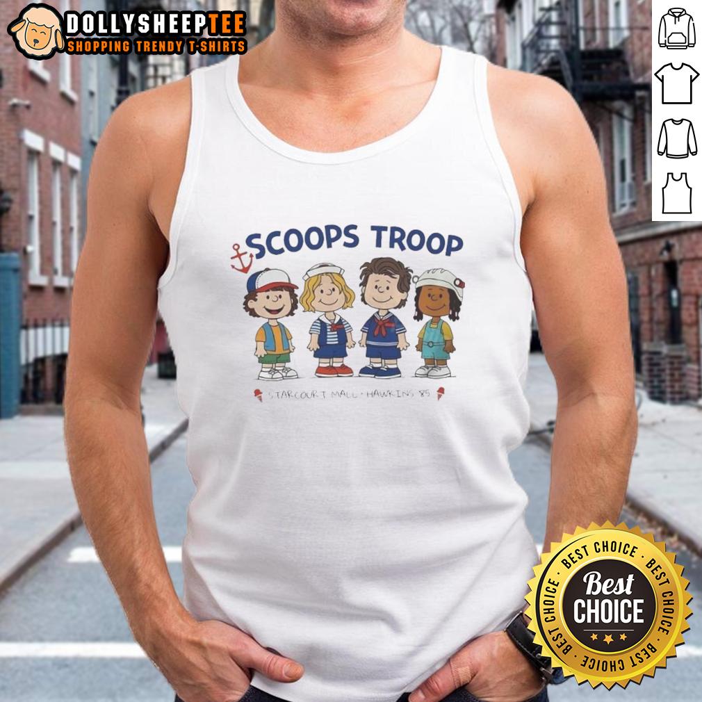Good Scoops Troop Starcourt Mall Hawkins 85 Stranger Things X Peanut Cartoon T-Shirt - Image 4