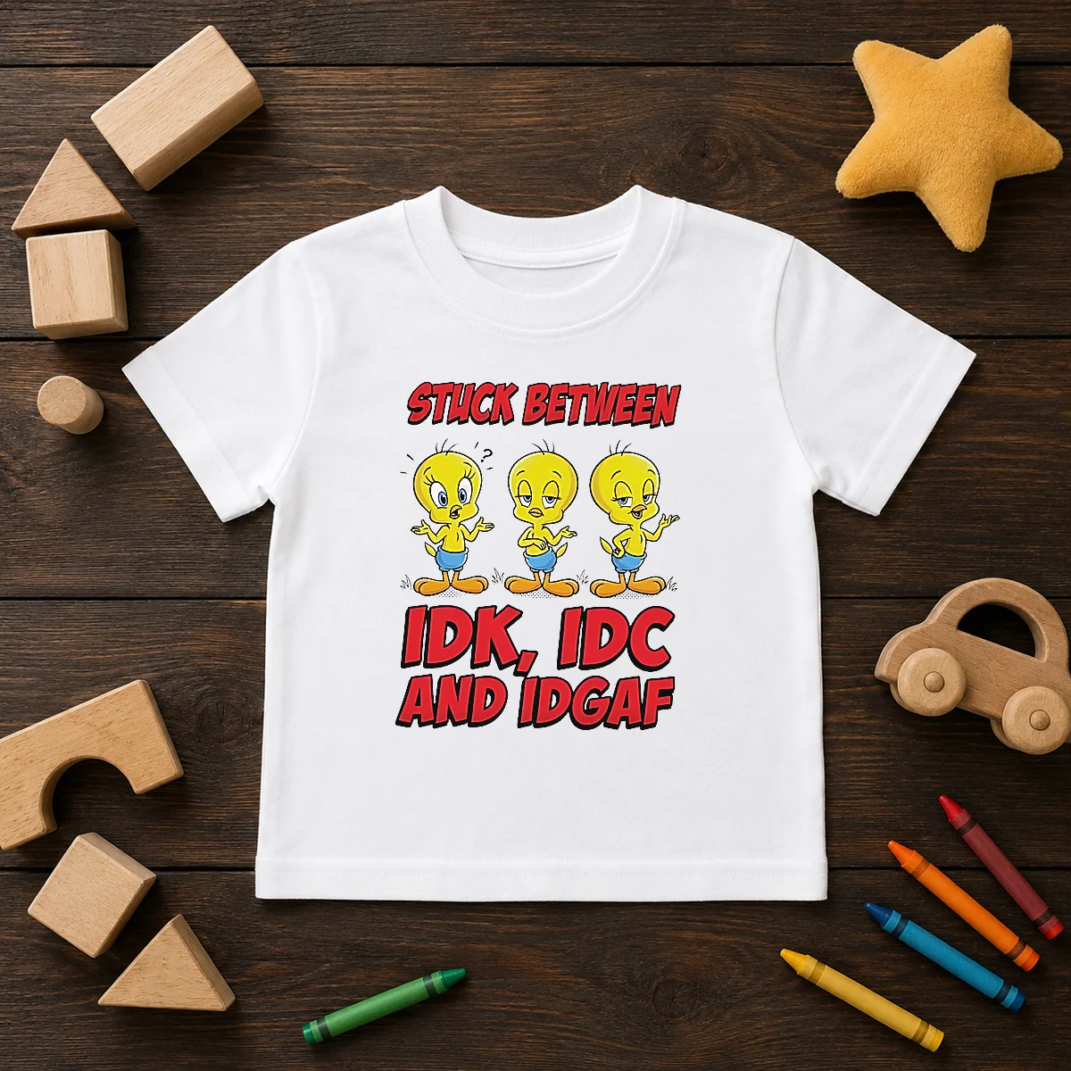 Top Tweety Stuck Between IDK IDC And IDGAF Shirt - Image 9
