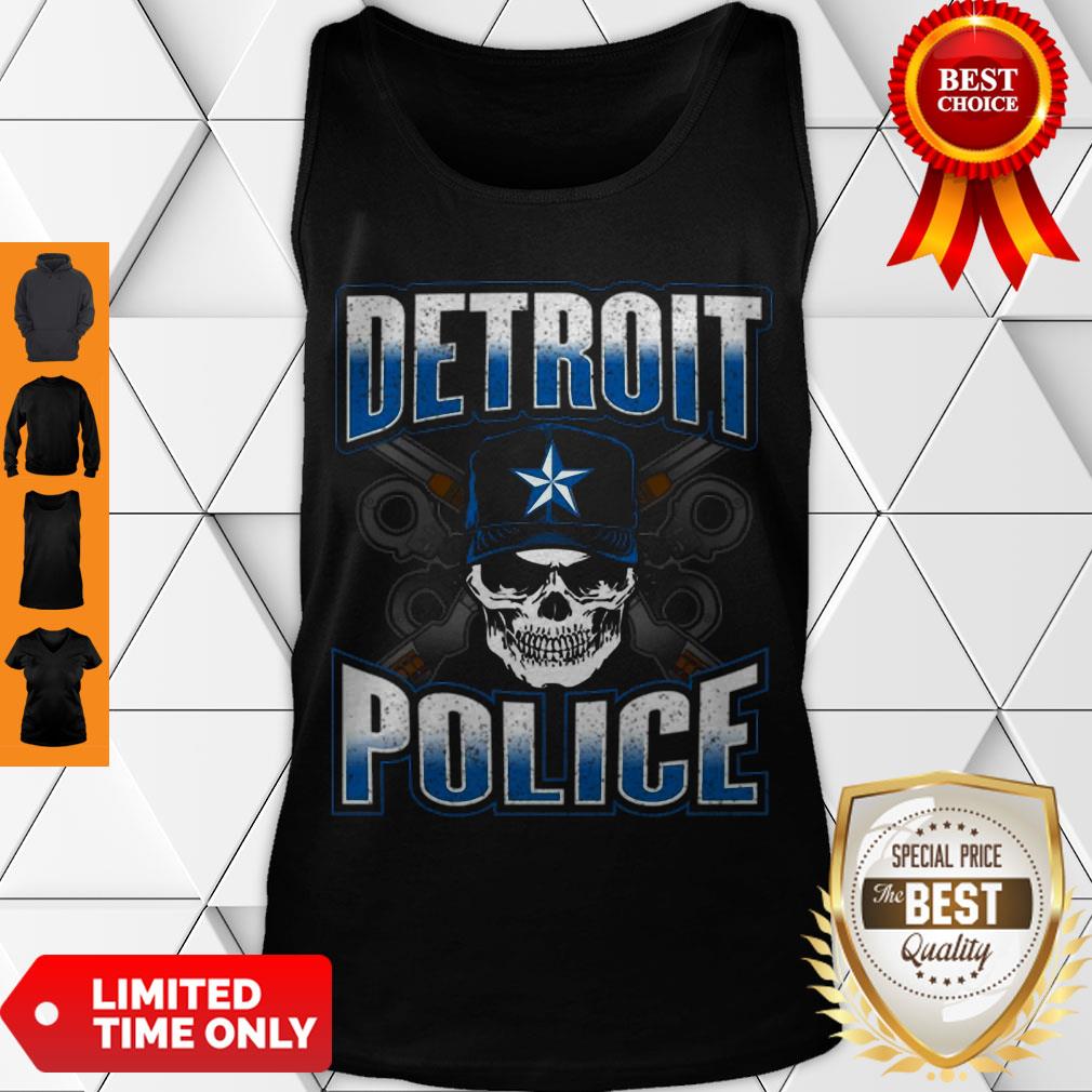Pretty Detroit Michigan PD Policeman Graphic Skull Guns Thin Blue Shirt - Image 4