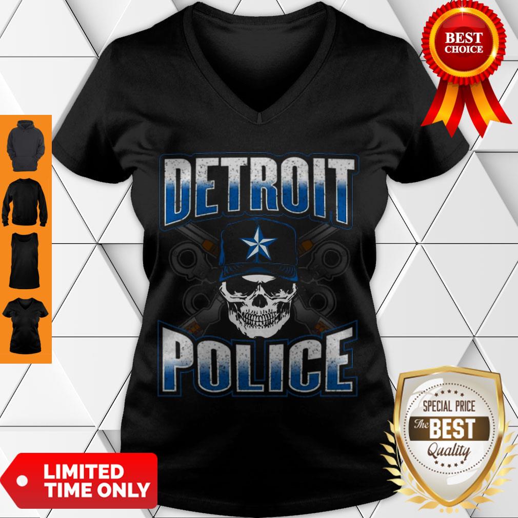 Pretty Detroit Michigan PD Policeman Graphic Skull Guns Thin Blue Shirt - Image 5