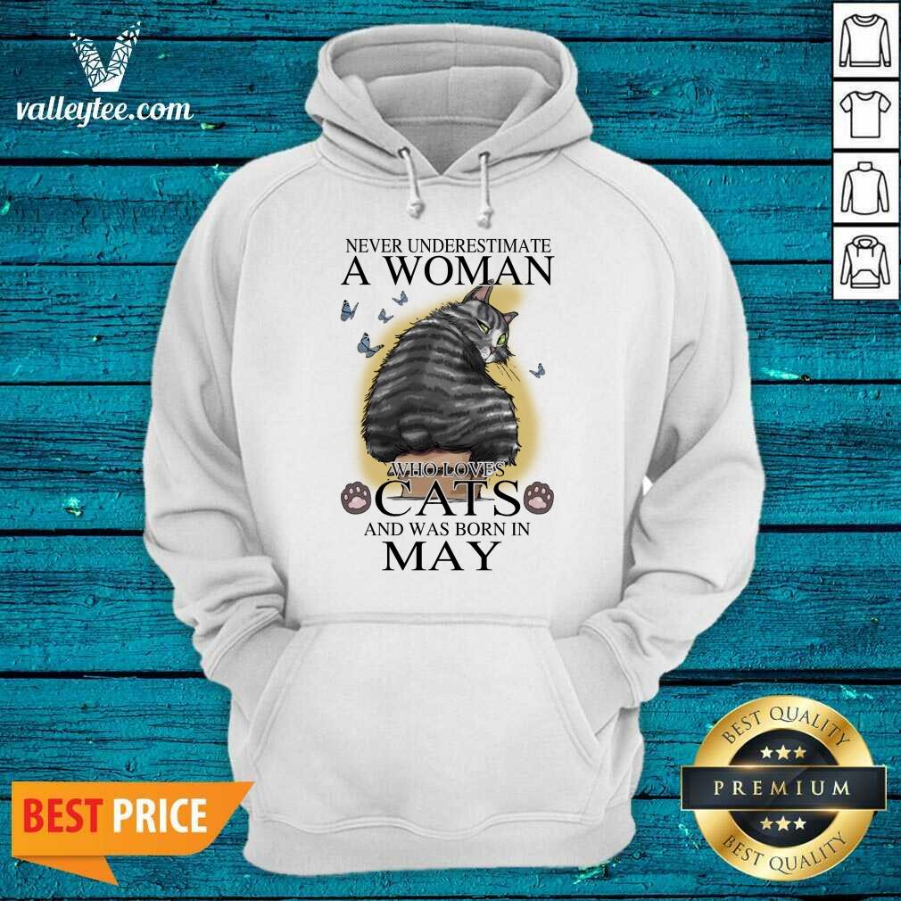 Great Never Underestimate A Woman Who Loves Cats And Was Born In May Butterflies Shirt - Image 2