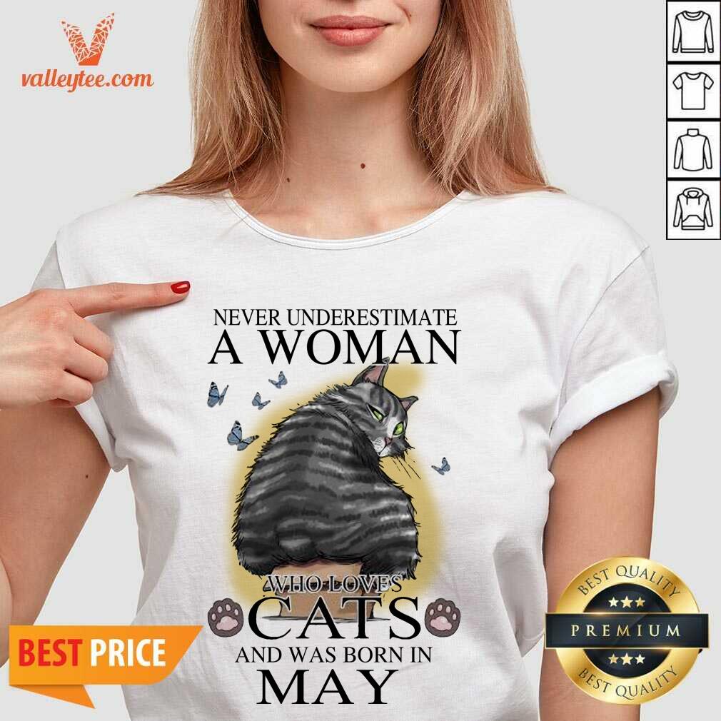 Great Never Underestimate A Woman Who Loves Cats And Was Born In May Butterflies Shirt - Image 3