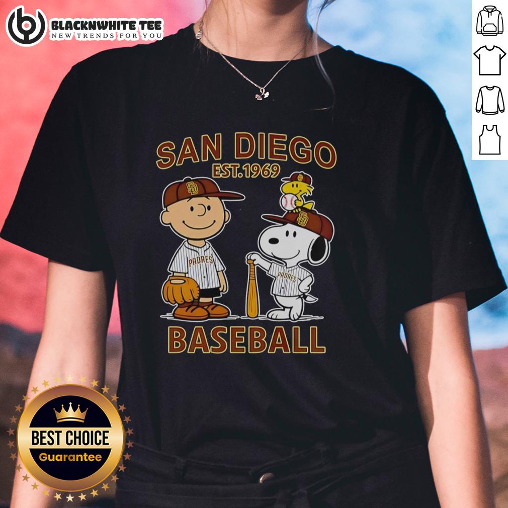Good Charlie Brown Snoopy And Woodstock With Diego Padres Baseball Jersey Est 1969 T-Shirt - Image 3