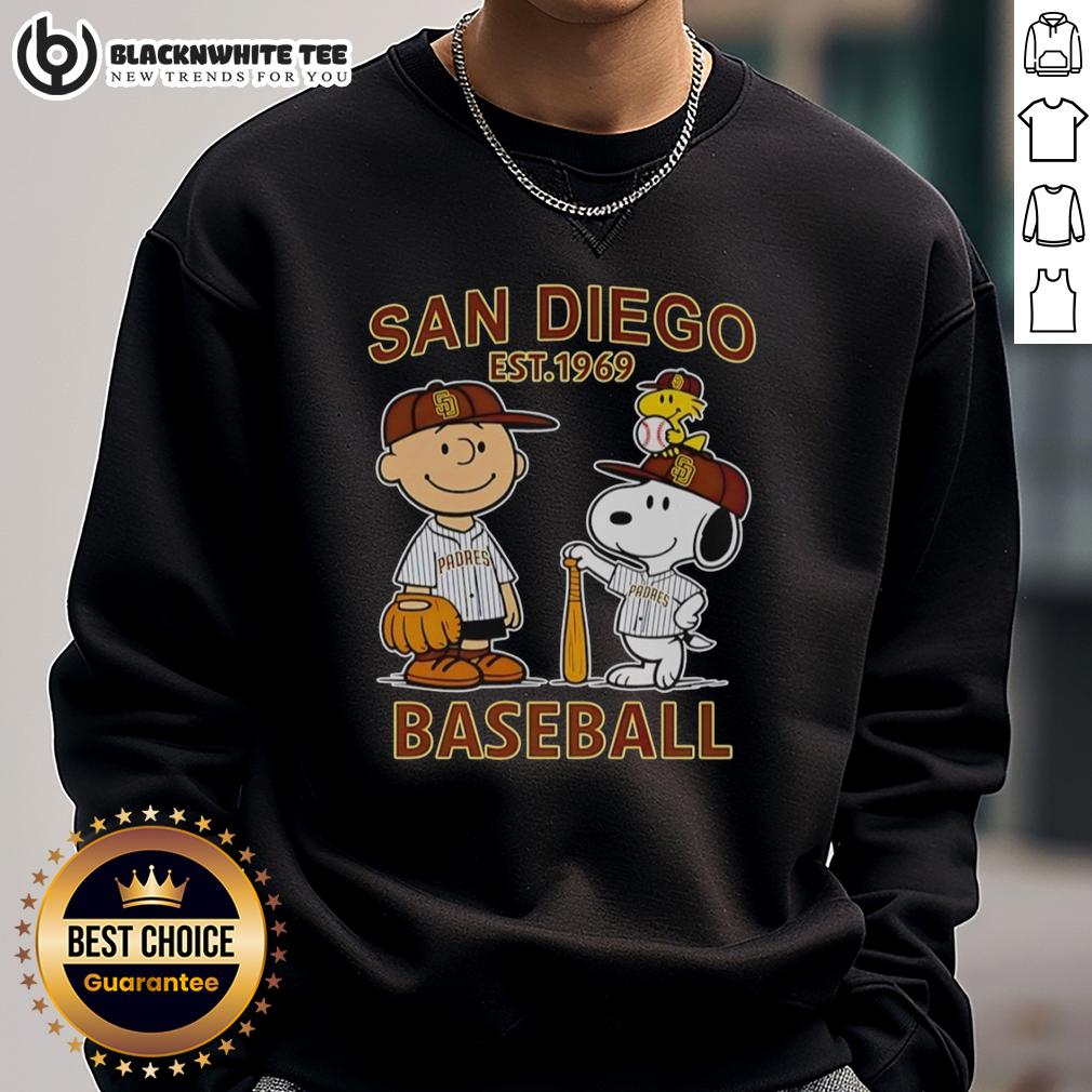 Good Charlie Brown Snoopy And Woodstock With Diego Padres Baseball Jersey Est 1969 T-Shirt - Image 5