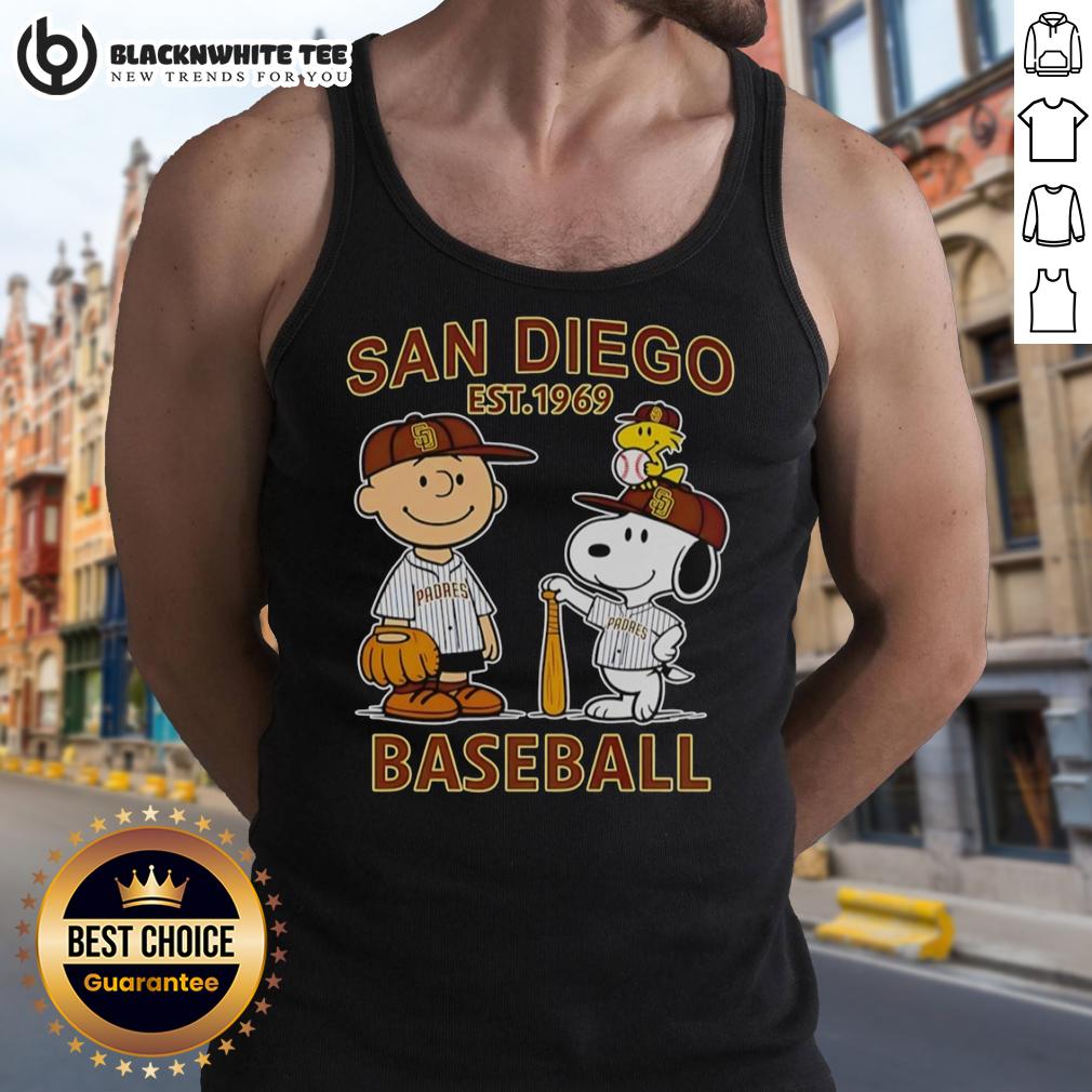 Good Charlie Brown Snoopy And Woodstock With Diego Padres Baseball Jersey Est 1969 T-Shirt - Image 4