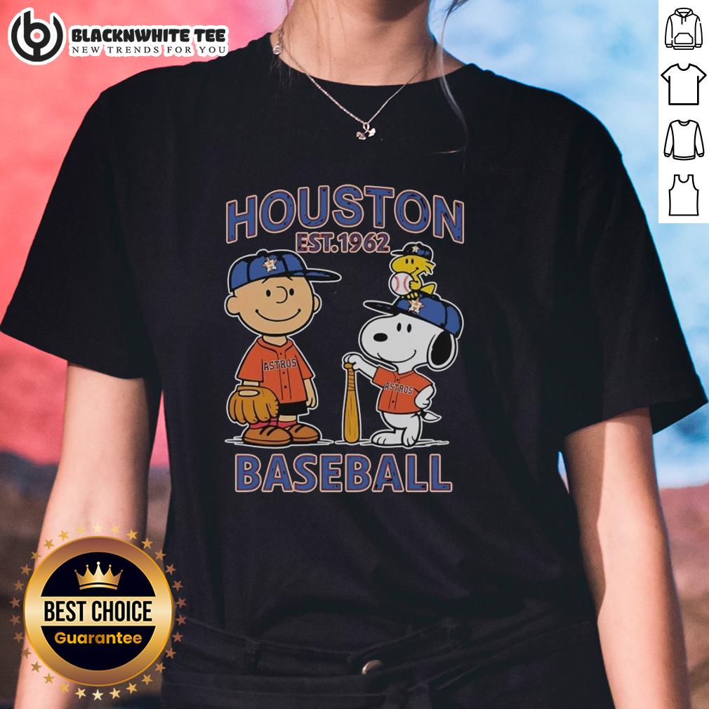 Good Charlie Brown Snoopy And Woodstock With Houston Astros Baseball Jersey Est 1962 T-Shirt - Image 3