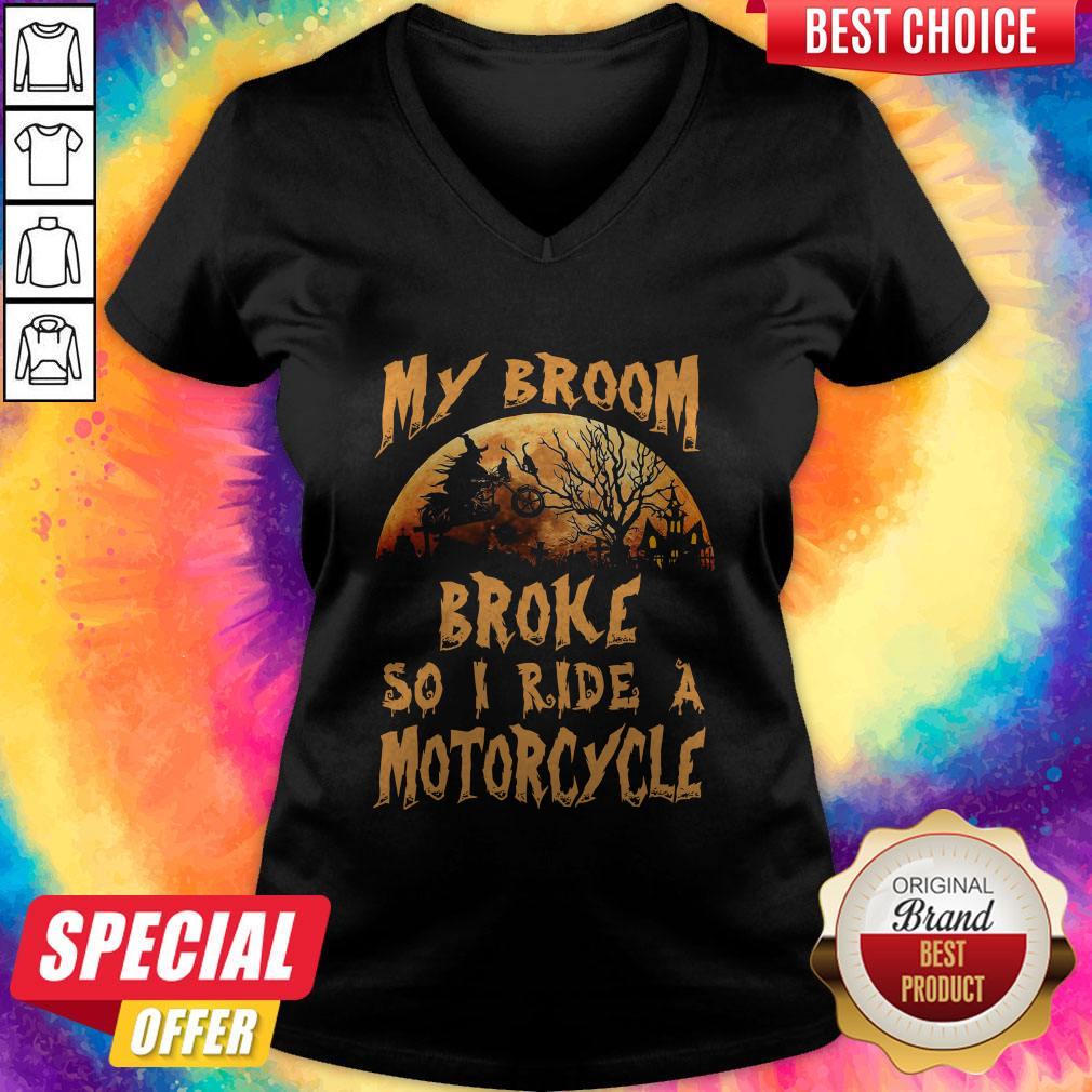 Nice My Broom Broke So I Ride A Motorcycle Halloween Shirt - Image 2