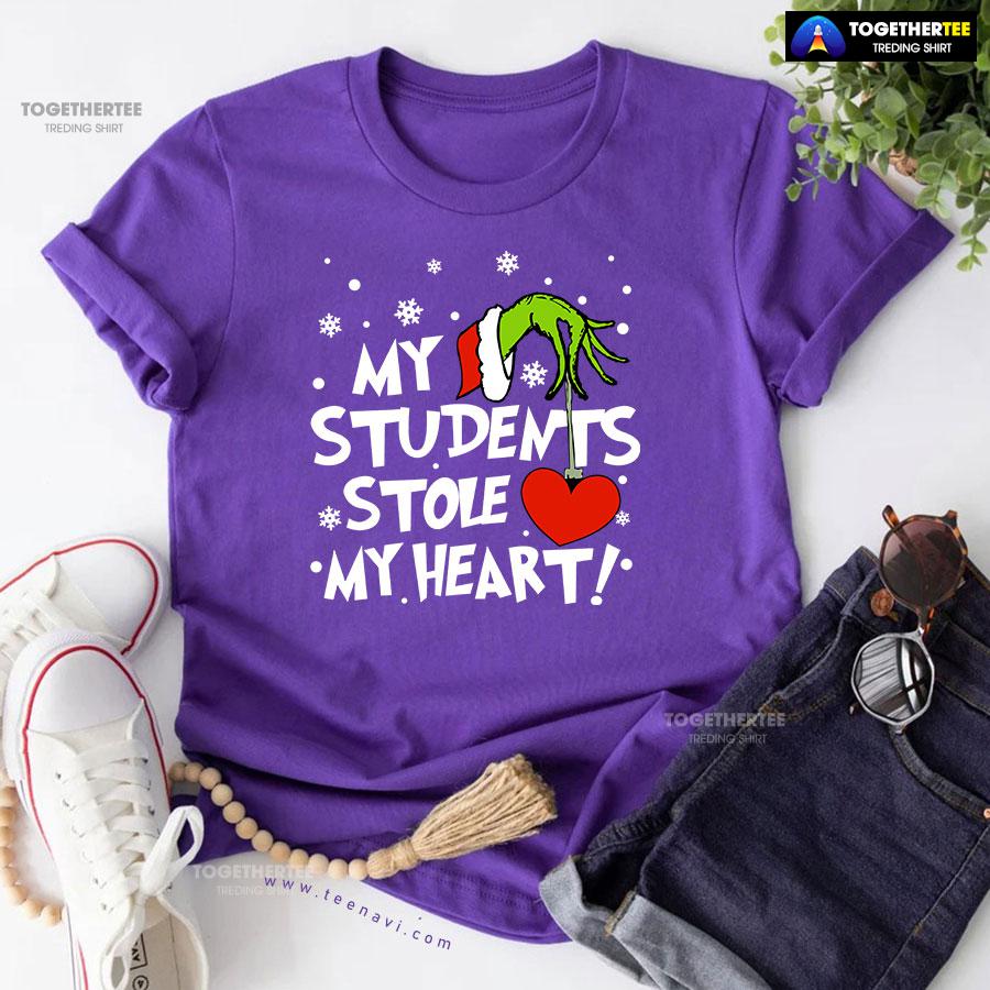 Grinch Hand Holding Heart My Students Stole My Heart T-Shirt - Image 7