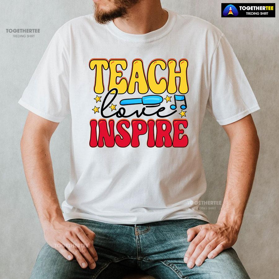 Teach Love Inspire Teacher Pen Star Musical Note Back To School T-Shirt - Image 2