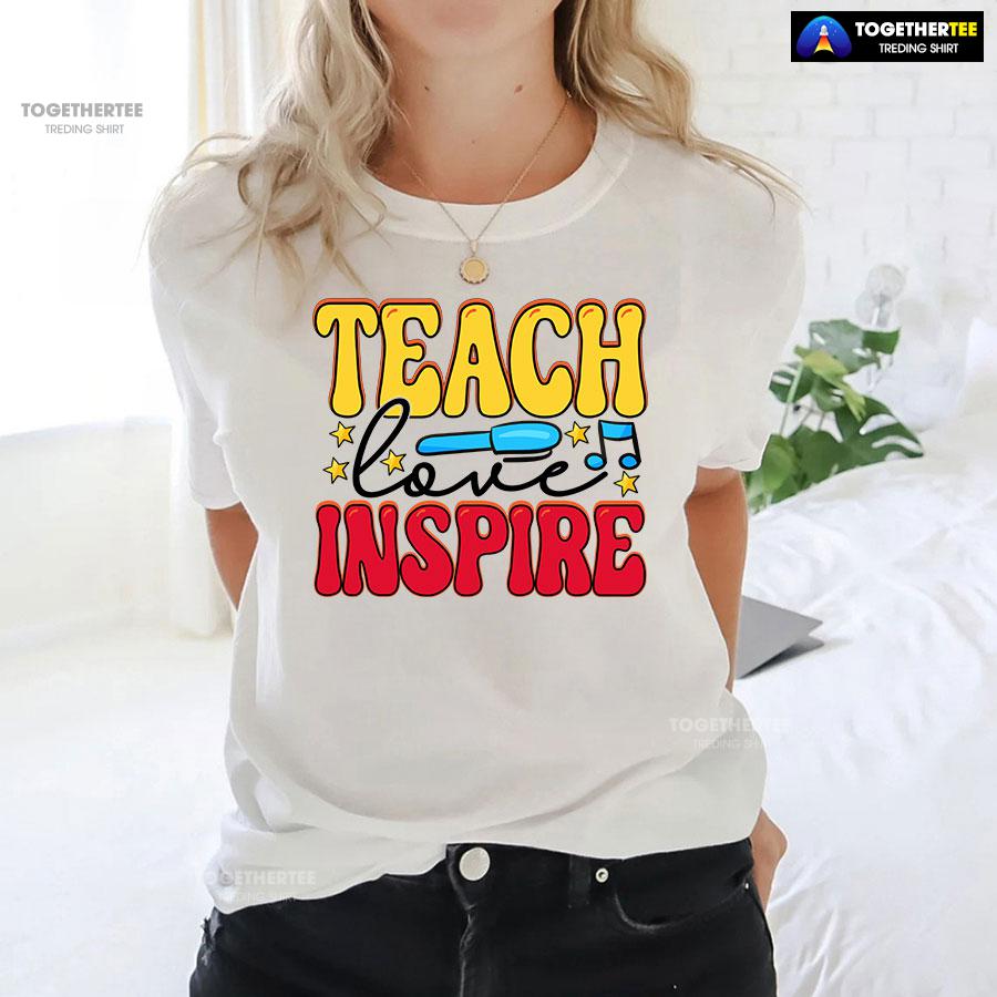 Teach Love Inspire Teacher Pen Star Musical Note Back To School T-Shirt - Image 3