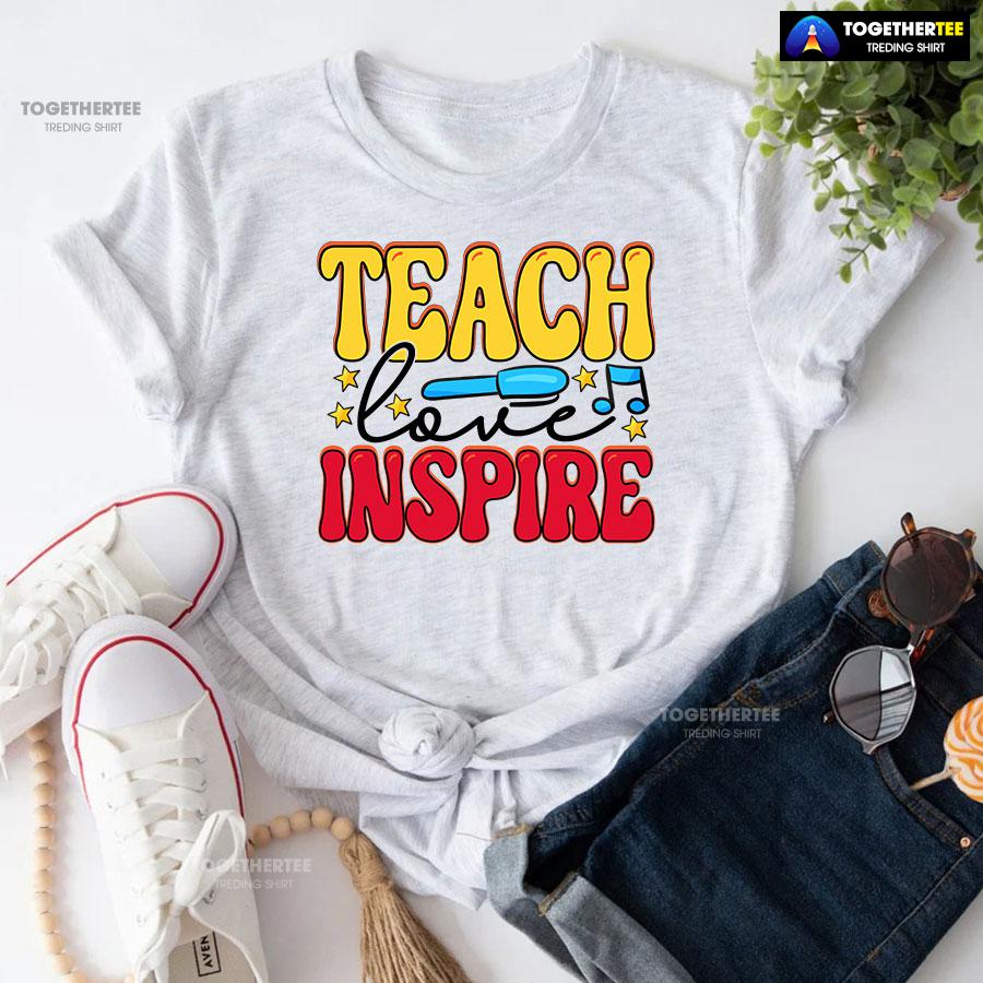Teach Love Inspire Teacher Pen Star Musical Note Back To School T-Shirt - Image 5