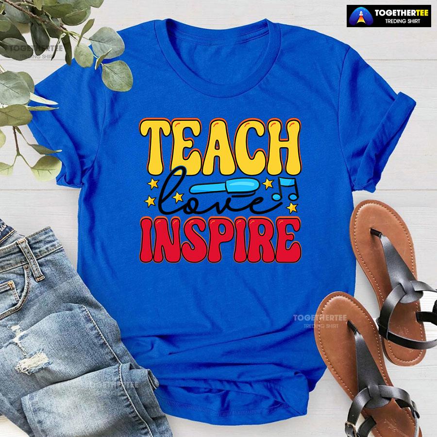 Teach Love Inspire Teacher Pen Star Musical Note Back To School T-Shirt - Image 8