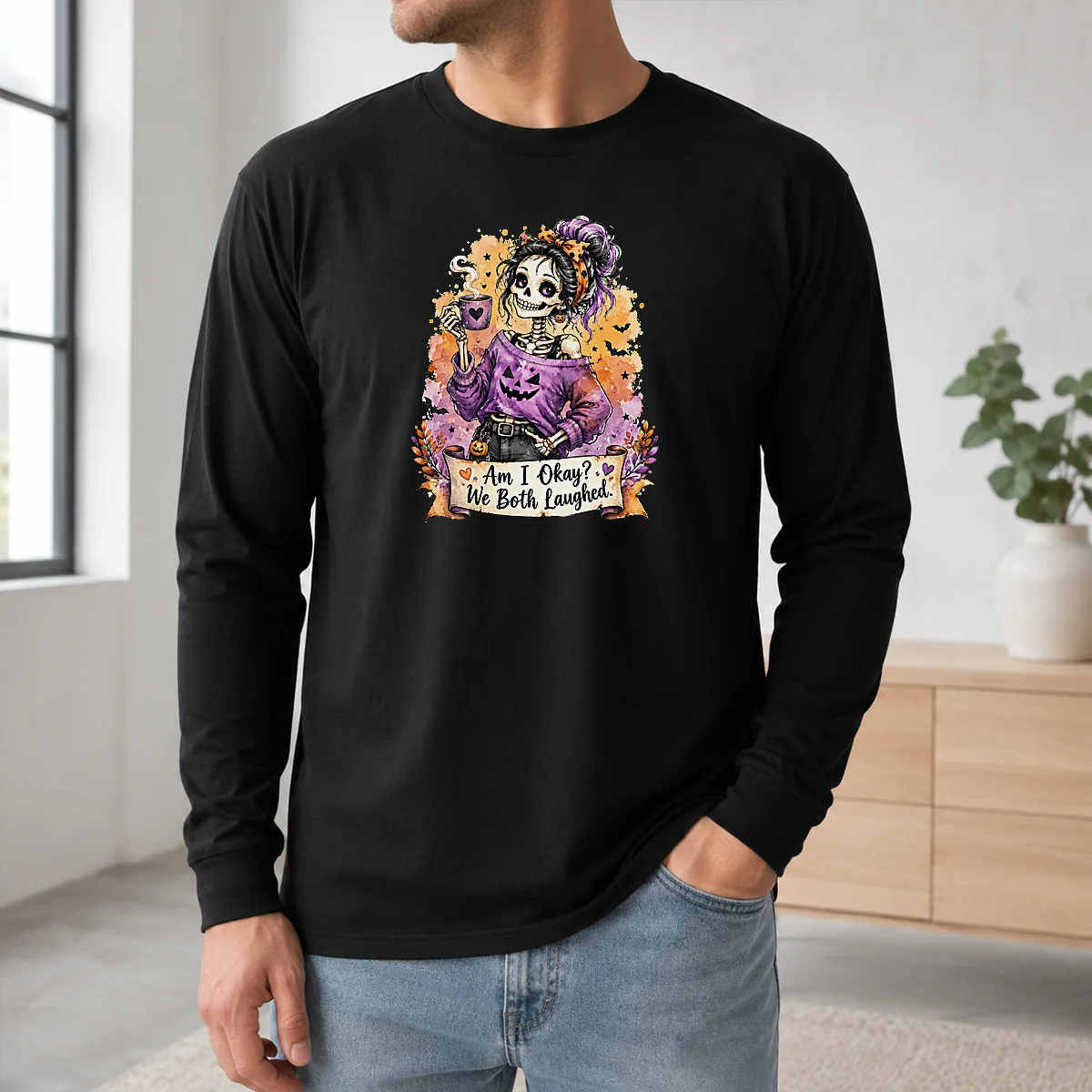 Pretty Good Halloween Skeleton Girl Coffee Quote Watercolor Shirt - Image 5