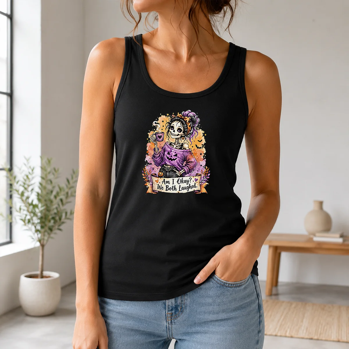 Pretty Good Halloween Skeleton Girl Coffee Quote Watercolor Shirt - Image 3