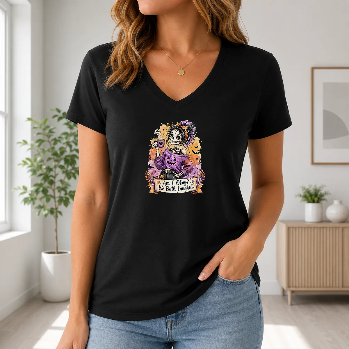 Pretty Good Halloween Skeleton Girl Coffee Quote Watercolor Shirt - Image 2