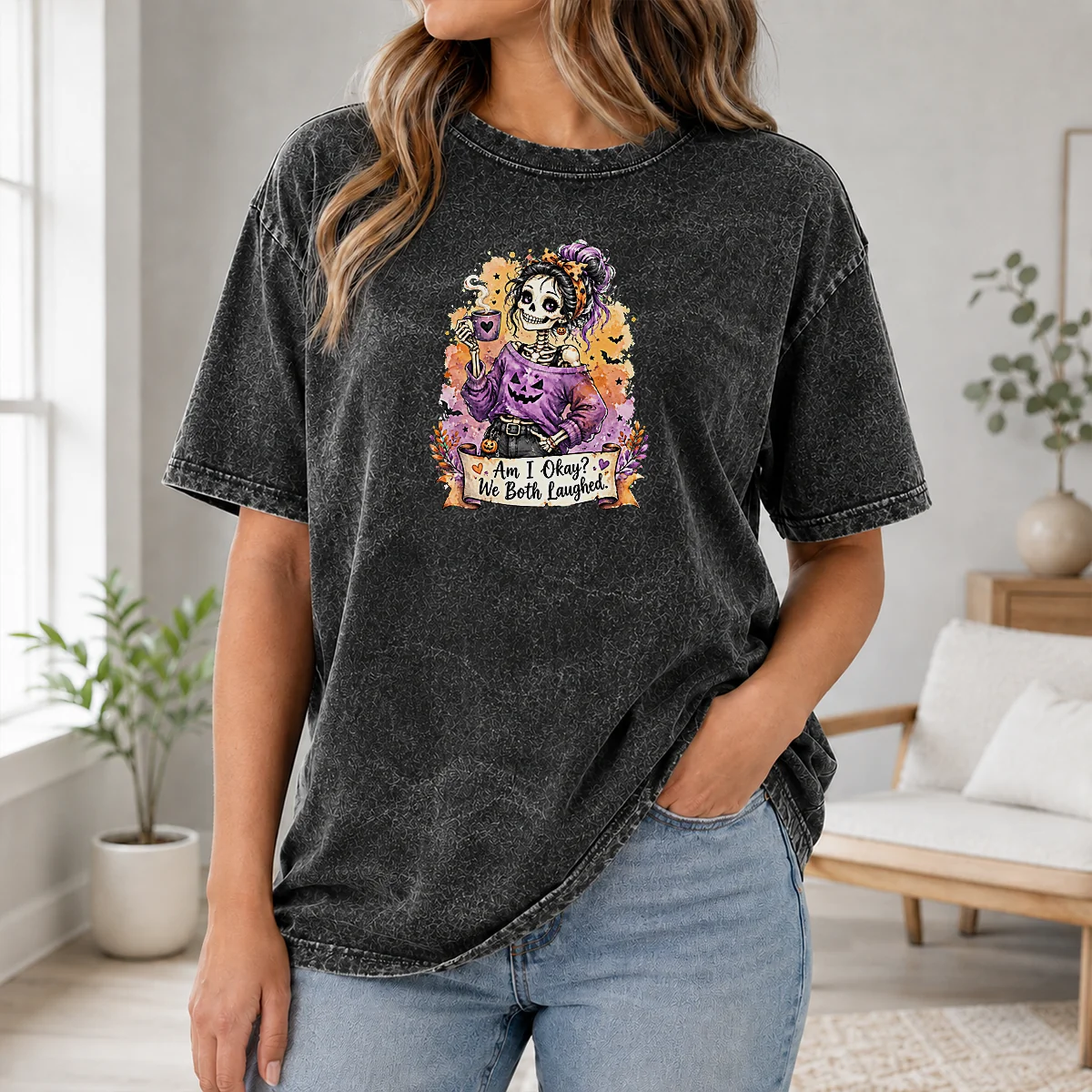 Pretty Good Halloween Skeleton Girl Coffee Quote Watercolor Shirt - Image 8