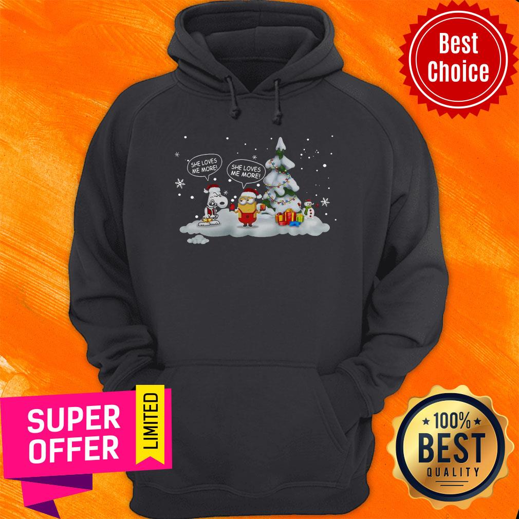 Awesome Snoopy And Minions She Loves Me More Christmas Shirt - Image 2
