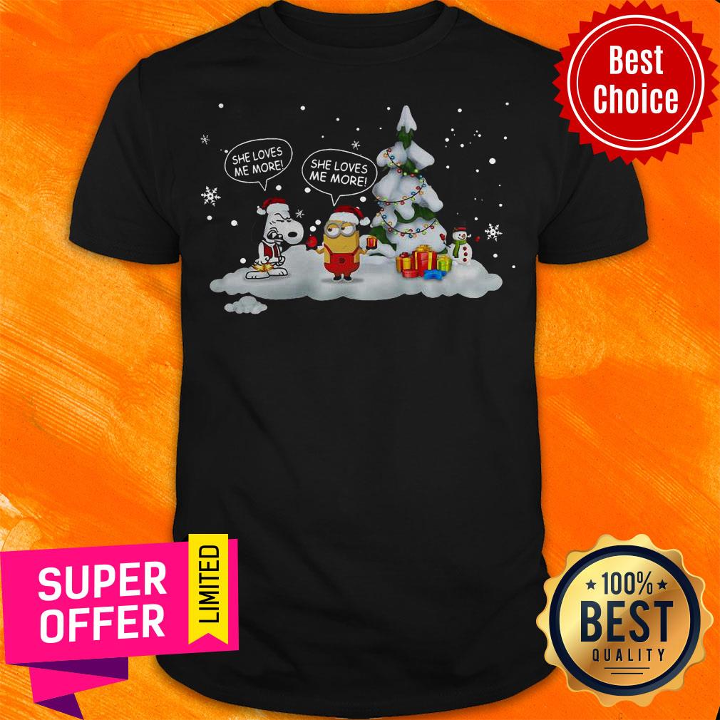 Awesome Snoopy And Minions She Loves Me More Christmas Shirt