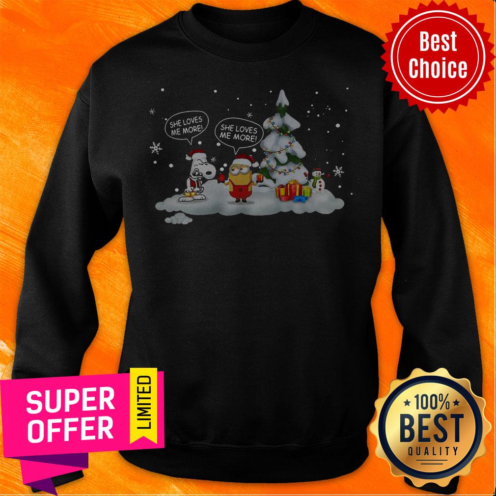 Awesome Snoopy And Minions She Loves Me More Christmas Shirt - Image 3