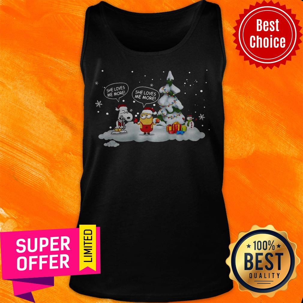 Awesome Snoopy And Minions She Loves Me More Christmas Shirt - Image 4