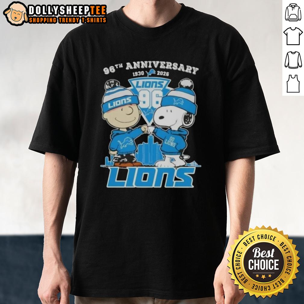 Hot Charlie Brown And Snoopy 96th Anniversary 1930 2026 Detroit Lions Football Skyline T-Shirt