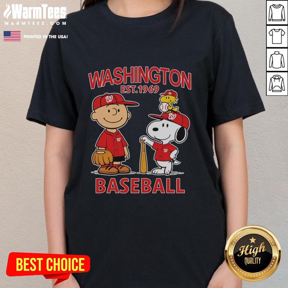 Nice Charlie Brown Snoopy And Woodstock With Washington Nationals Baseball Jersey Est 1969 T-Shirt - Image 3