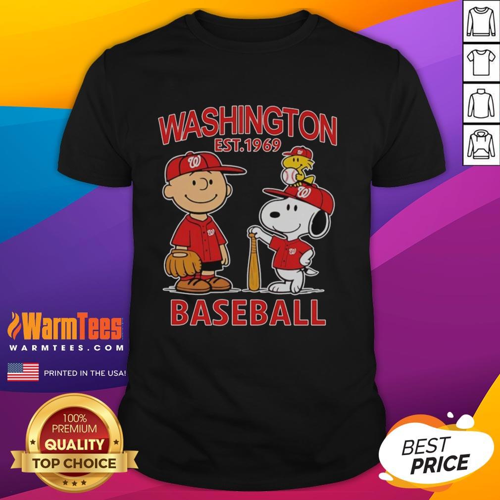 Nice Charlie Brown Snoopy And Woodstock With Washington Nationals Baseball Jersey Est 1969 T-Shirt