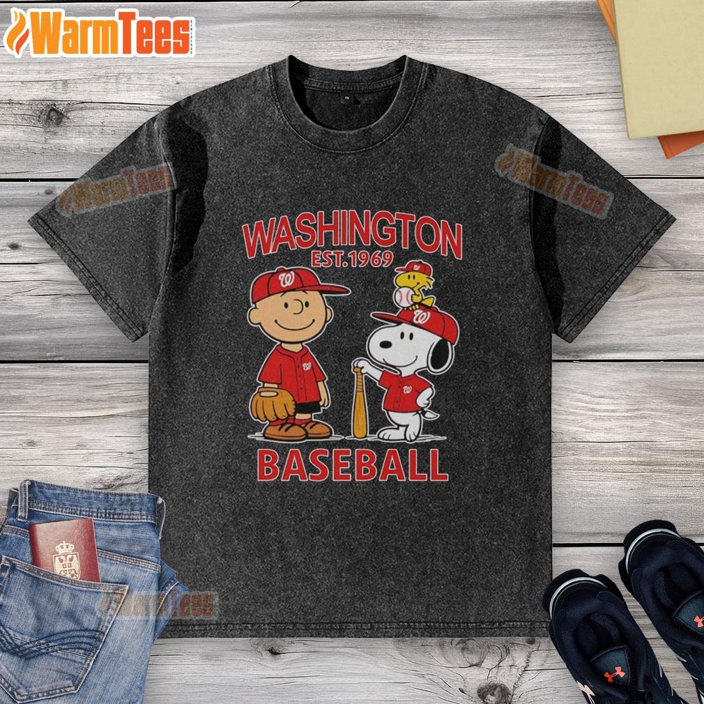 Nice Charlie Brown Snoopy And Woodstock With Washington Nationals Baseball Jersey Est 1969 T-Shirt - Image 6
