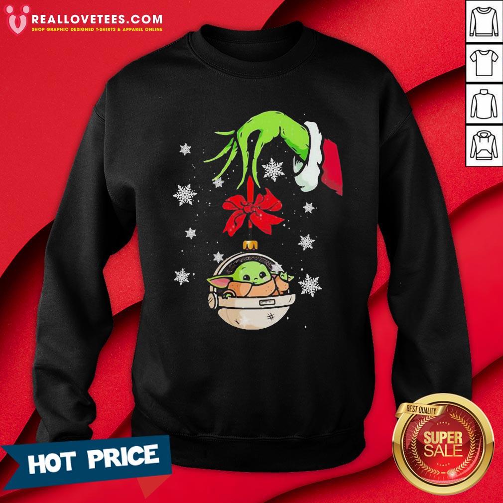 Perfect Grinch Hand Holding Ornament Baby Yoda Merry Christmas Shirt - Image 3