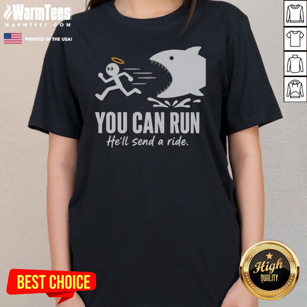 Pretty Angel Fleeing From Shark You Can Run He Will Send A Ride Humor Shirt - Image 2