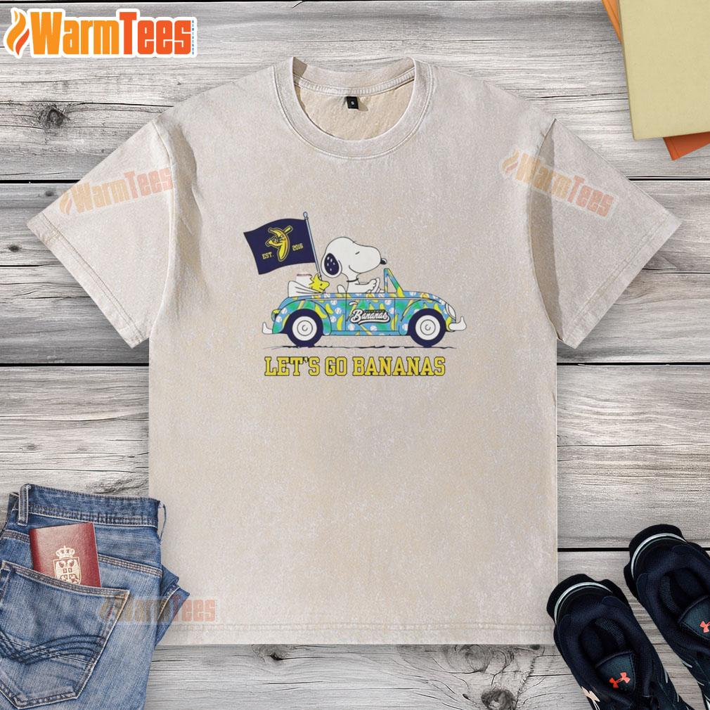 Premium Snoopy And Woodstock Driving Car Let's Go Savannah Bananas T-Shirt - Image 6