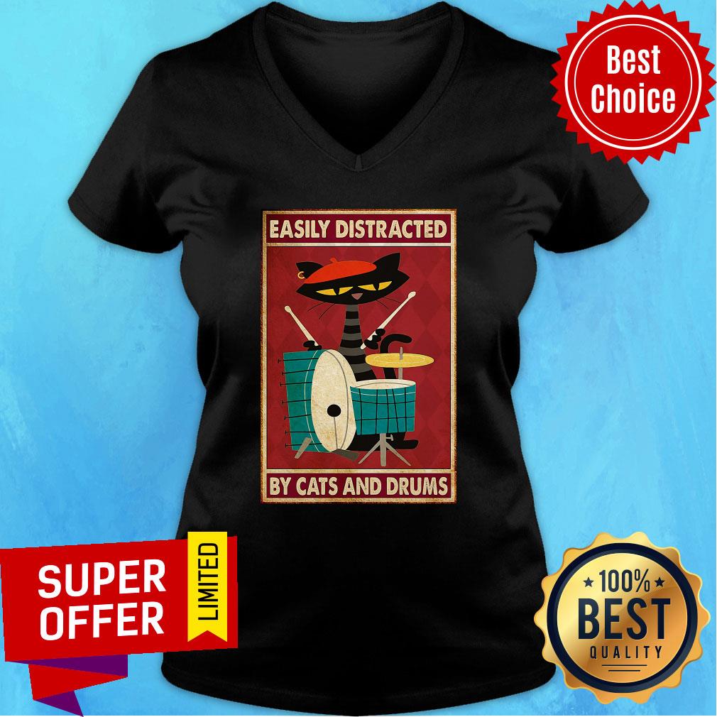 Funny Drummer Easily Distracted By Cats And Drums Shirt - Image 3