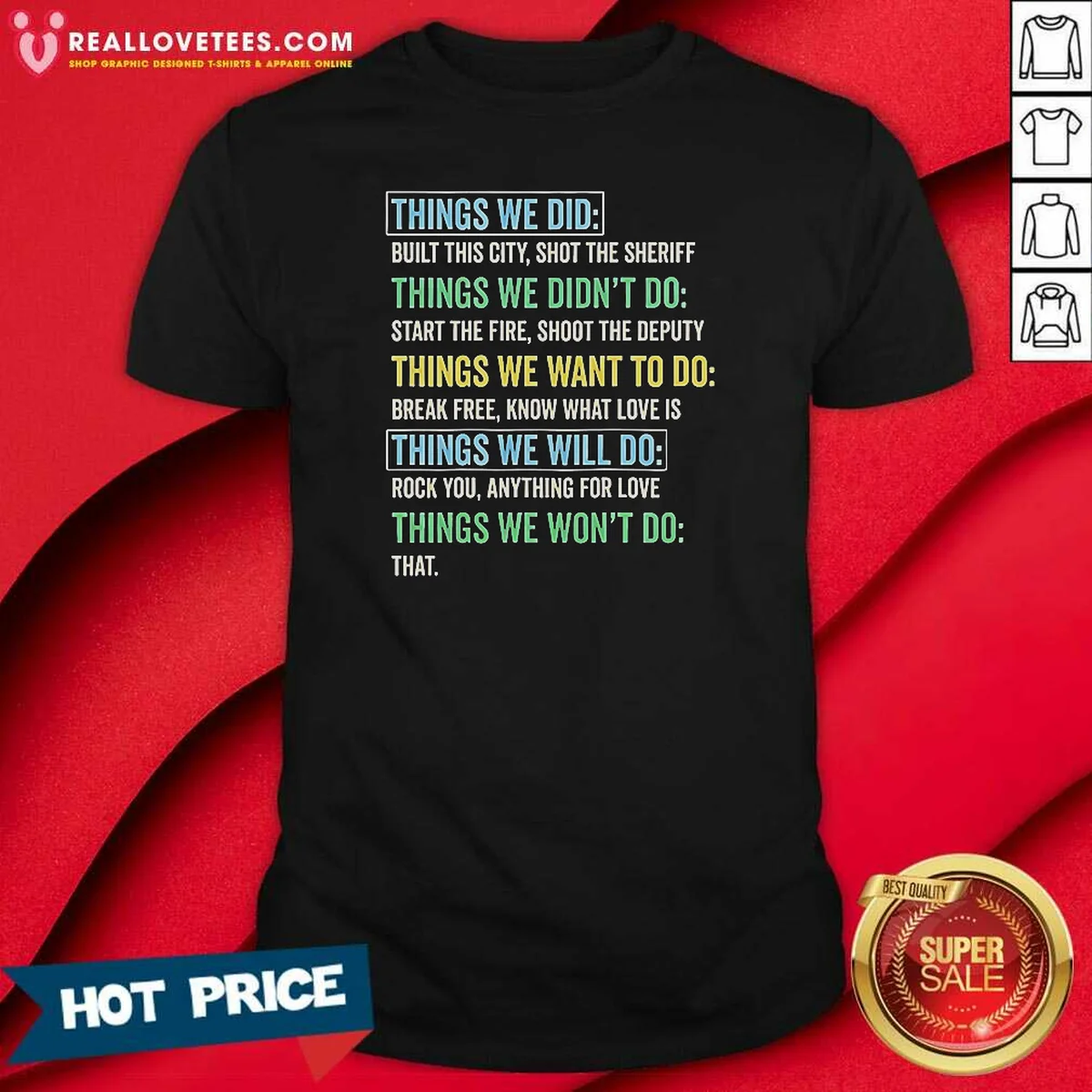 Official Things We Did Things We Won'T Do Rock Songs Shirt