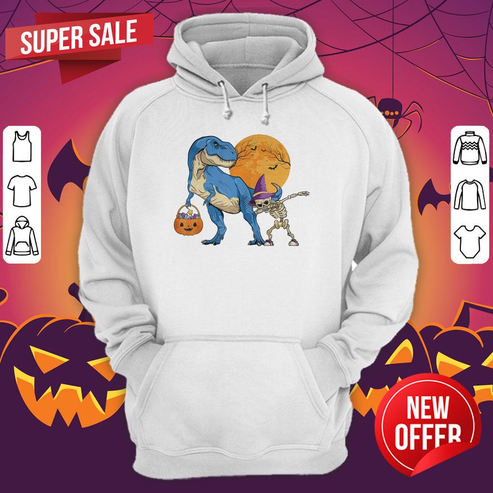 Dinosaur T rex With Dabbing Skeleton Pumpkin candy Halloween Shirt - Image 3