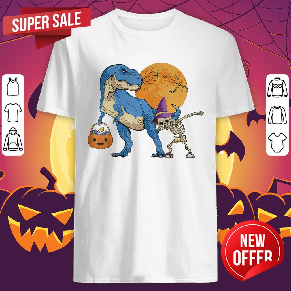 Dinosaur T rex With Dabbing Skeleton Pumpkin candy Halloween Shirt