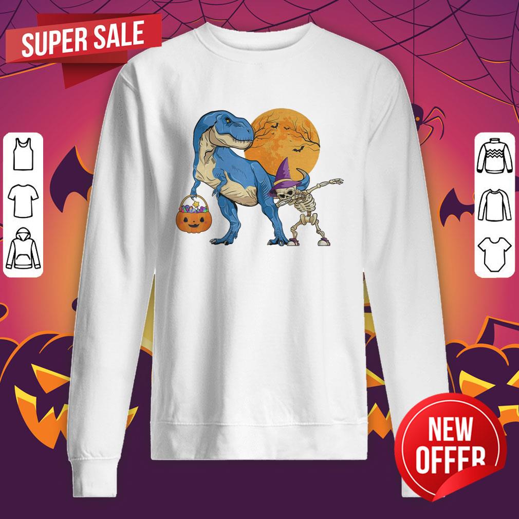 Dinosaur T rex With Dabbing Skeleton Pumpkin candy Halloween Shirt - Image 2