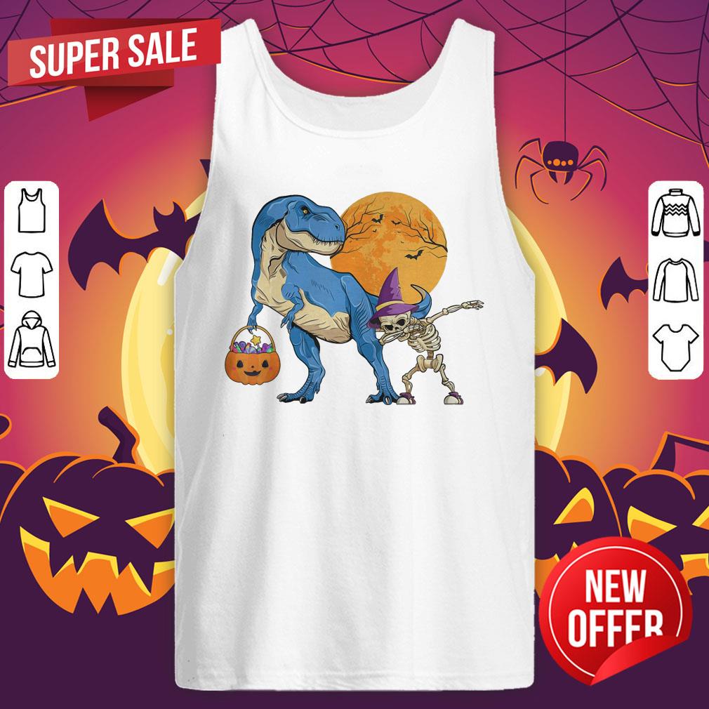 Dinosaur T rex With Dabbing Skeleton Pumpkin candy Halloween Shirt - Image 5