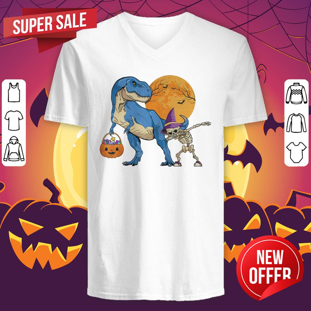 Dinosaur T rex With Dabbing Skeleton Pumpkin candy Halloween Shirt - Image 4