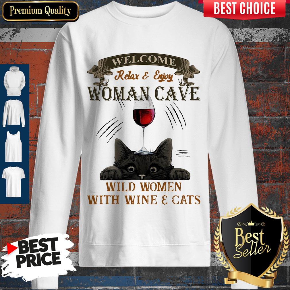 Premium Welcome Relax And Enjoy Woman Cave Wild Women With Wine And Cat Shirt - Image 3