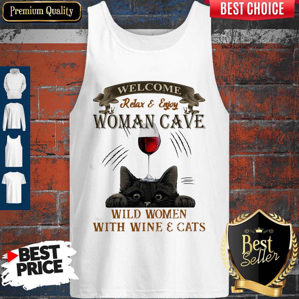 Premium Welcome Relax And Enjoy Woman Cave Wild Women With Wine And Cat Shirt - Image 4