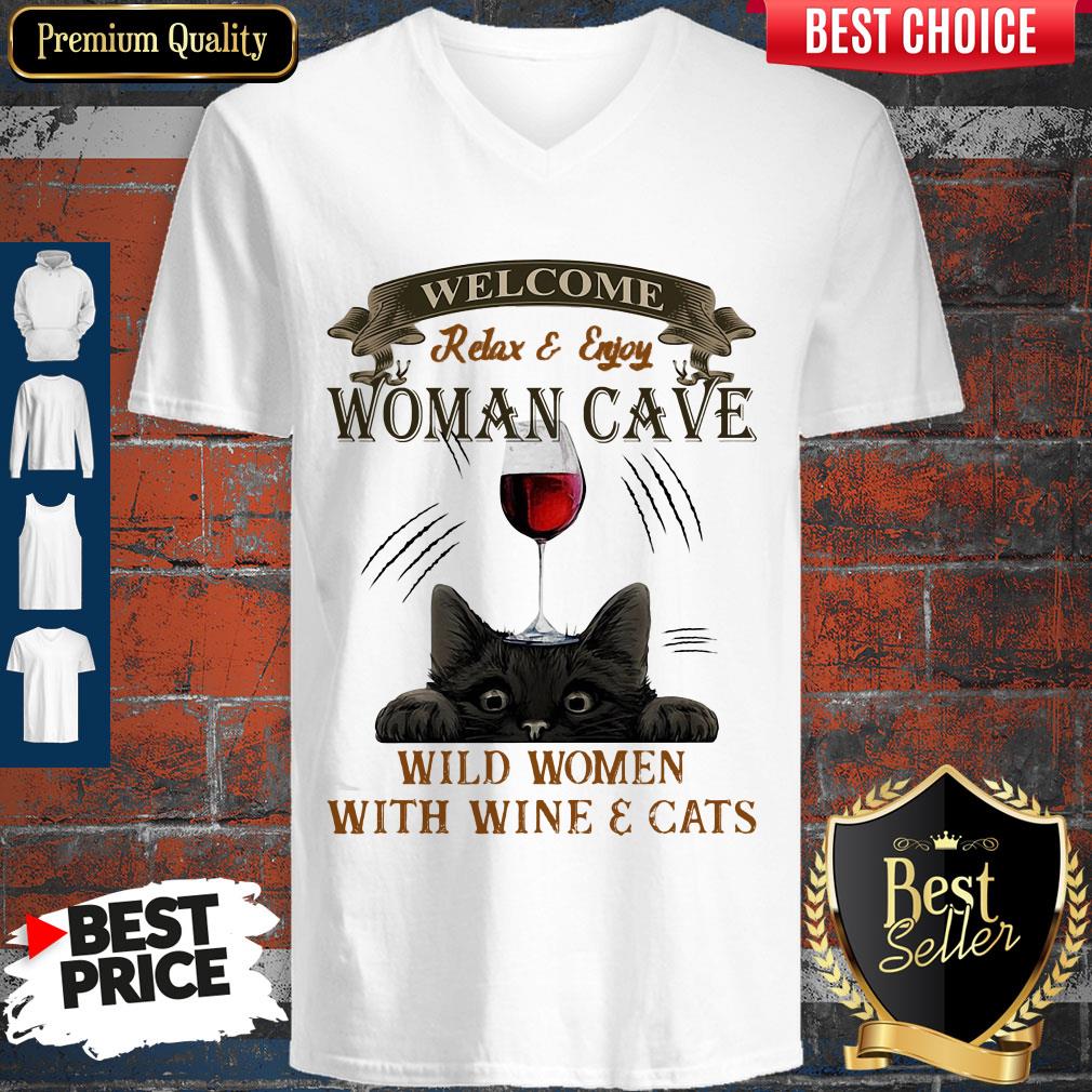 Premium Welcome Relax And Enjoy Woman Cave Wild Women With Wine And Cat Shirt - Image 5