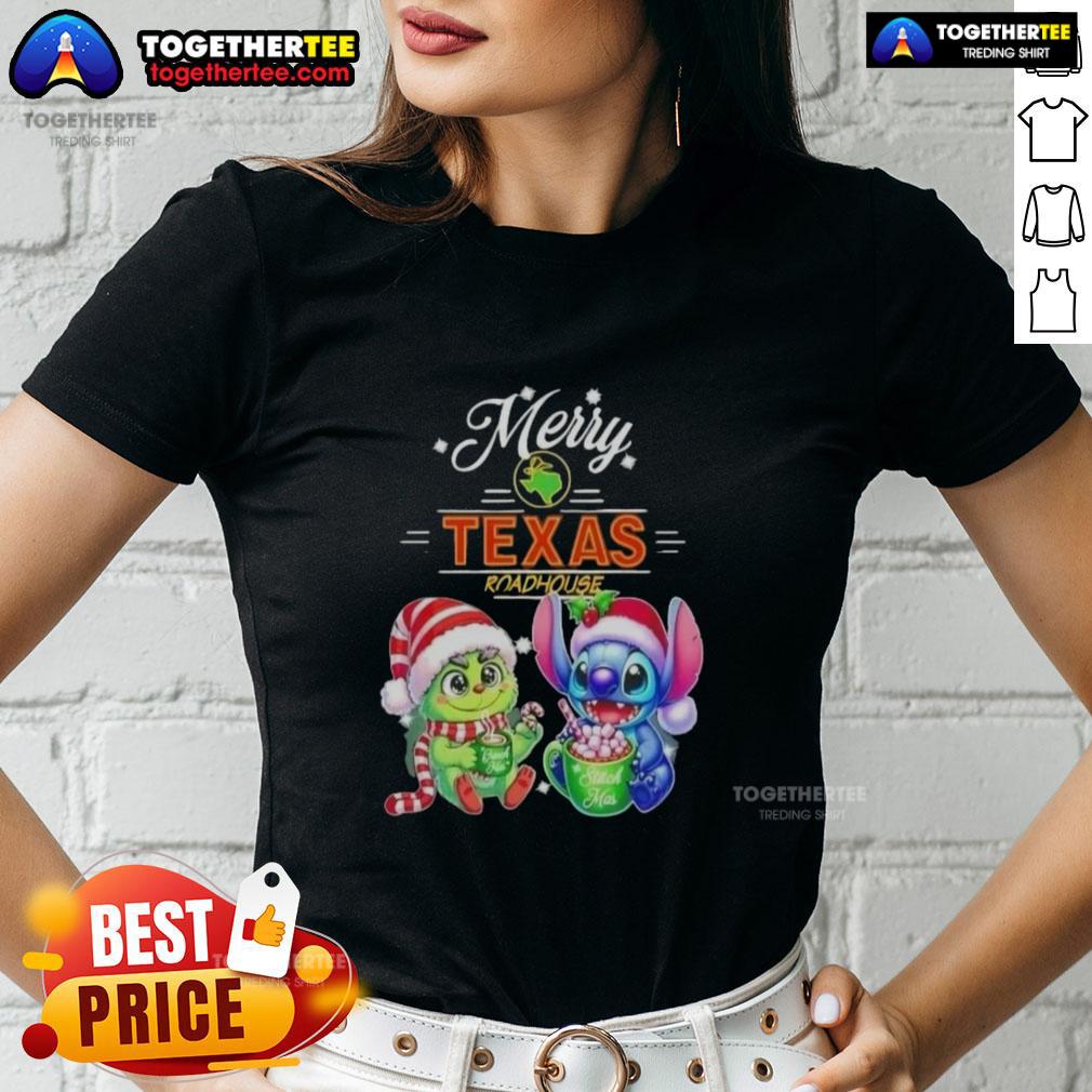 Cute Baby Grinch And Stitch X Texas Roadhouse Merry Christmas T-Shirt - Image 3